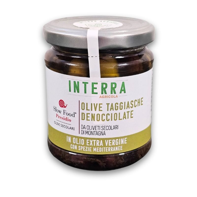 Entkernte Taggiasca-Oliven in nativem Olivenöl extra mit mediterranen Gewürzen 180g