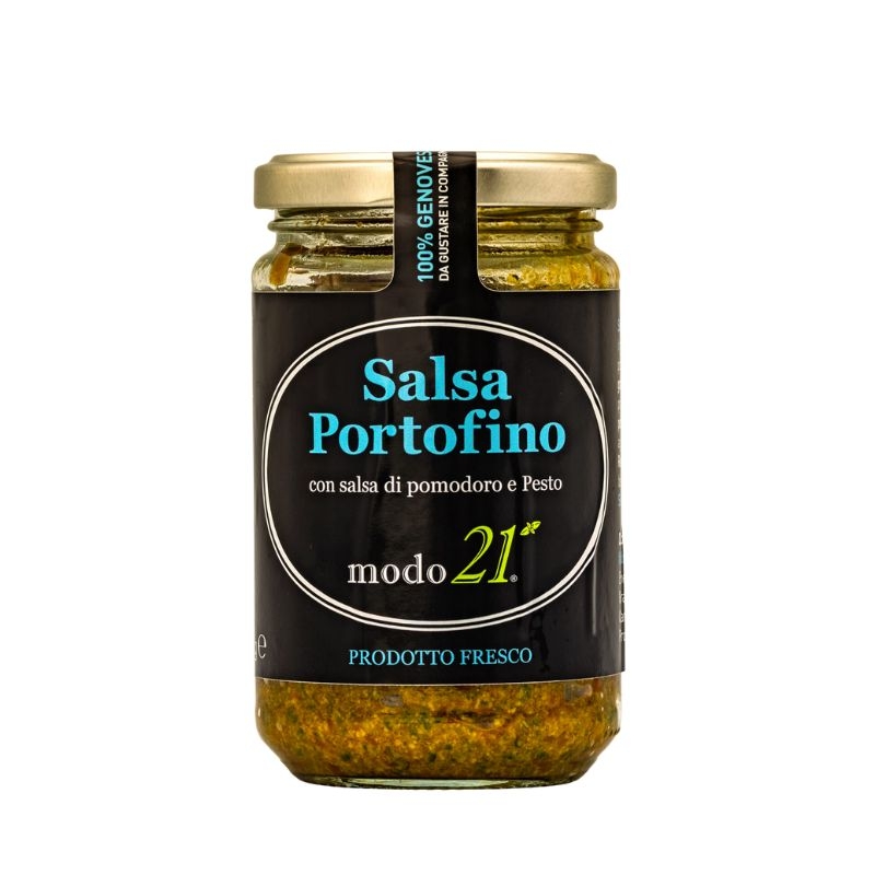 Portofino sauce is made with tomato sauce and pesto genovese