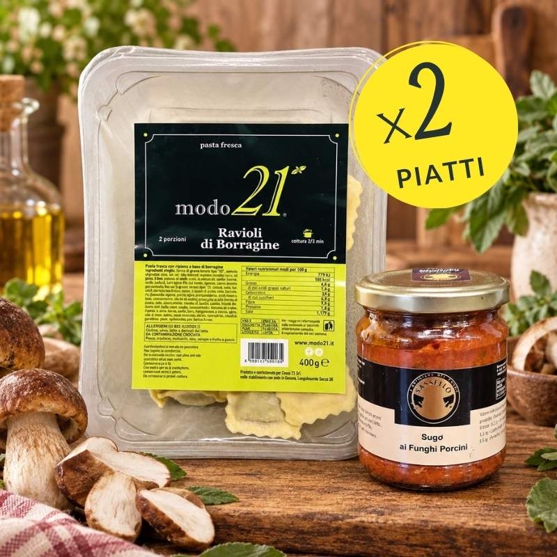 Ravioli di borragine e sugo ai funghi porcini (x2 piatti)