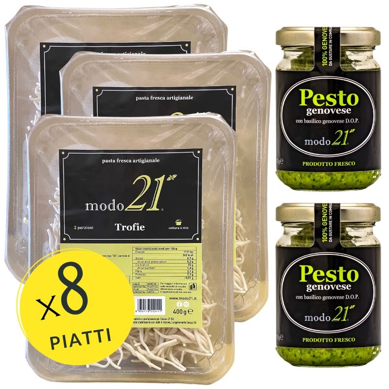 Paquets de pâtes trofie au pesto alla genovese. Idéal pour 6 personnes.