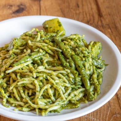 Trofie pasta with pesto sauce, potatoes and green beans. Genoese dish made by Trattoria Cavour modo21