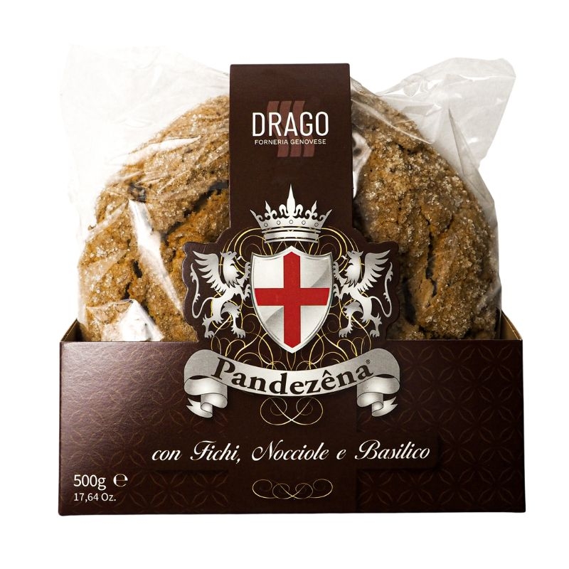 Pandeẑena with figs, hazelnuts and basil. Christmas cake Drago Forneria Genovese. Pandolce Sale.