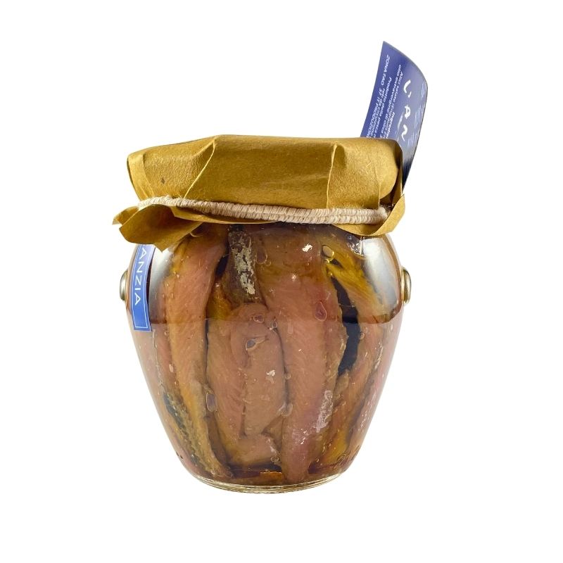 Jar of anchovy fillets in oil. Anciua of Sestri Levante.